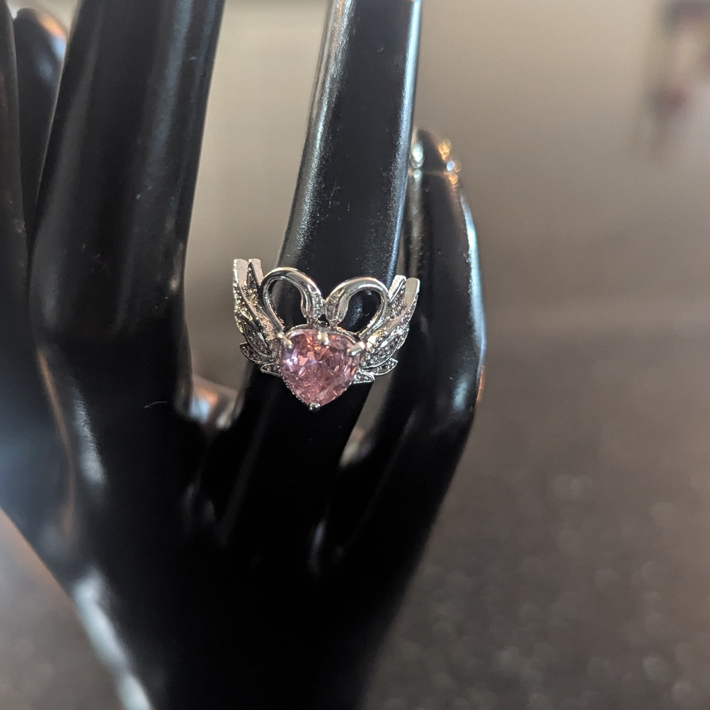 Size 6 - Silver Plated Heart Ring with Pink Gemstone (Costume Jewelry)